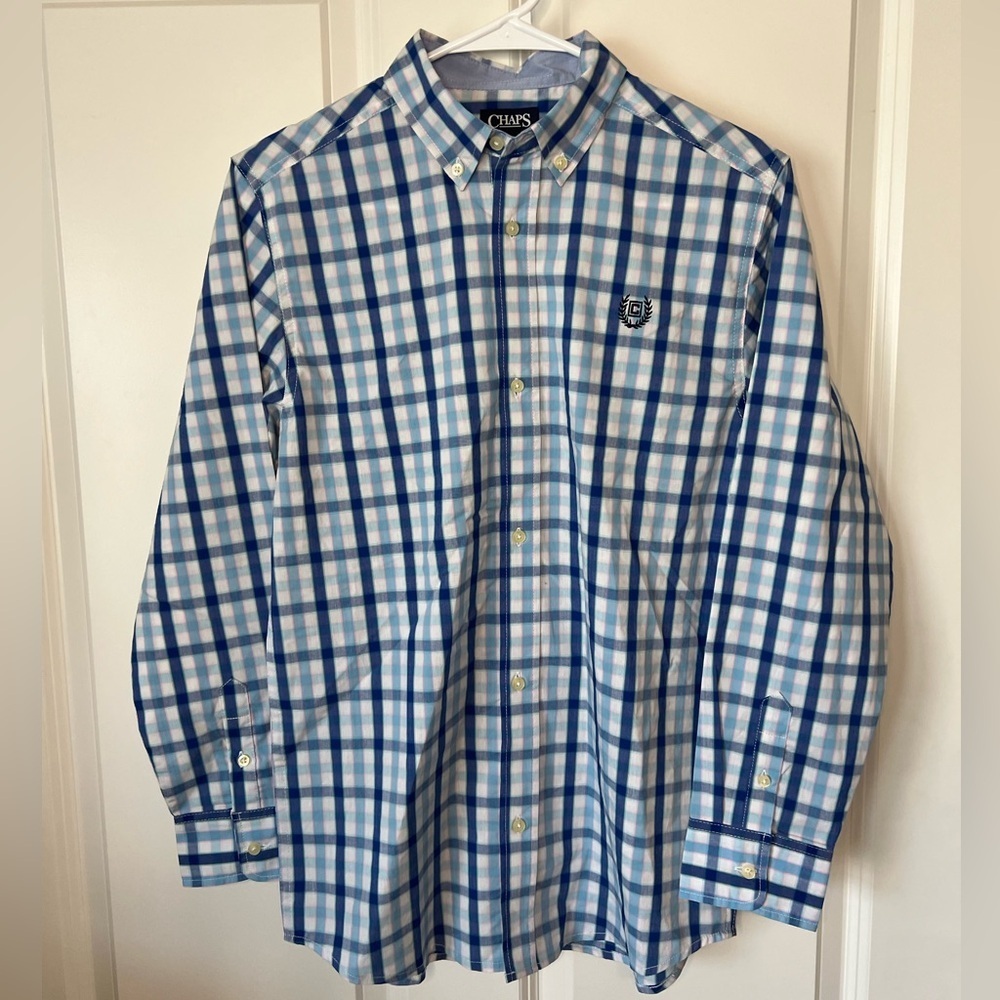 Chaps Boys Blue and White Plaid Button-Down Shirt